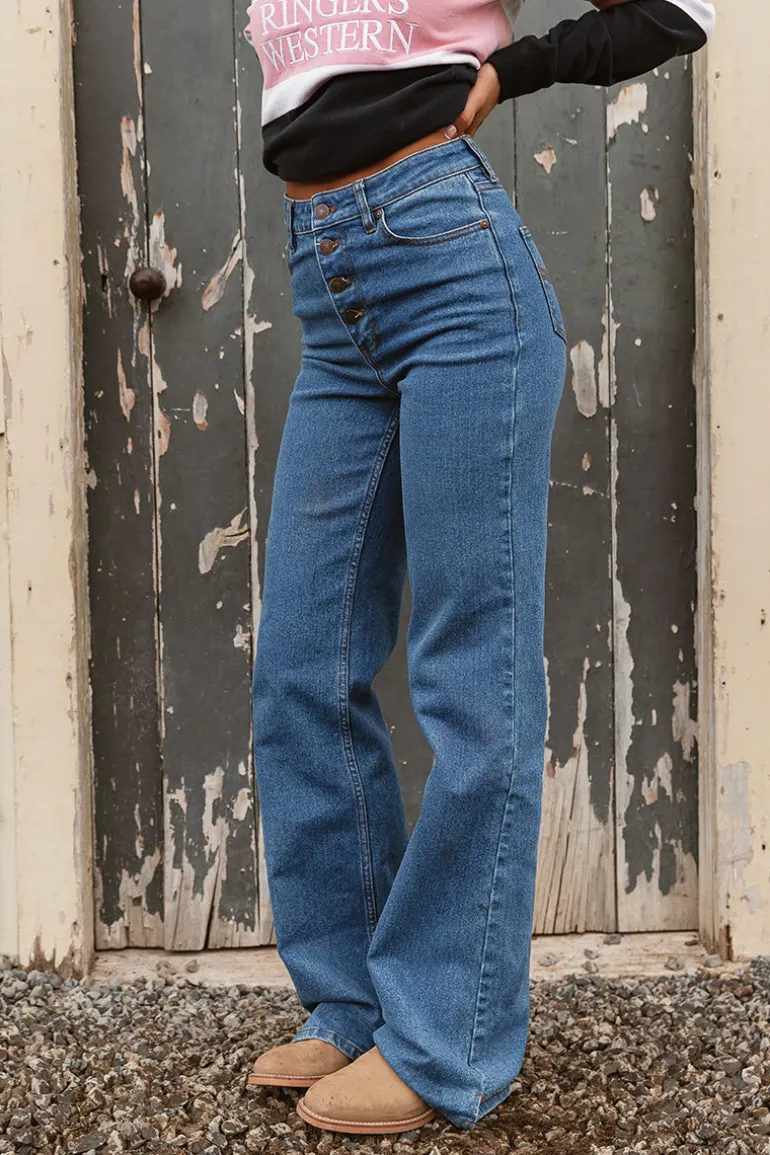 Betsy Womens High Rise Bootleg Jean - Mid Wash Blue