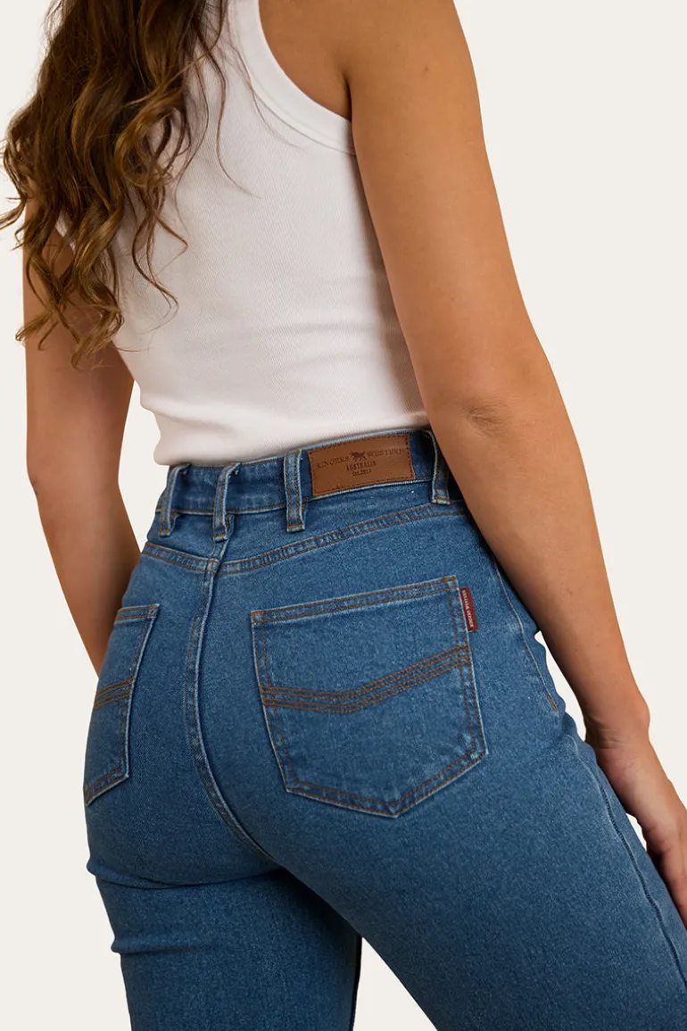 Betsy Womens High Rise Bootleg Jean - Mid Wash Blue