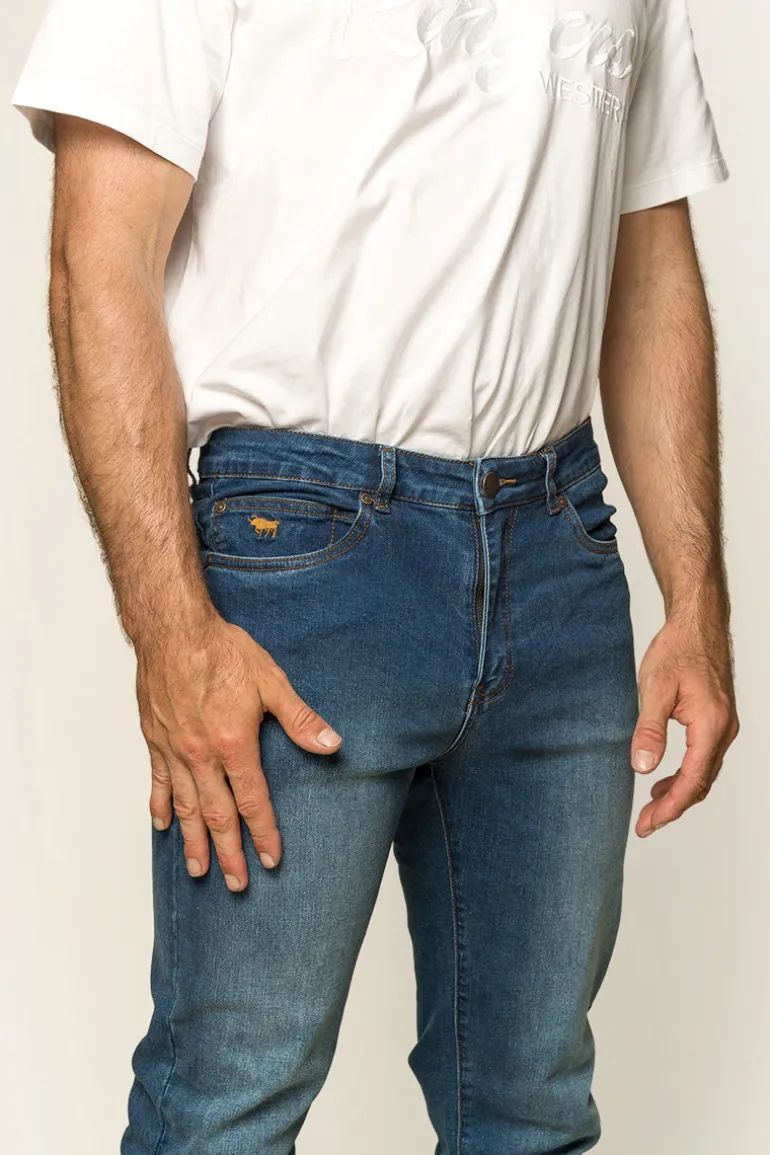 Burke Mens Tapered Slim Leg Jeans - Mid Blue