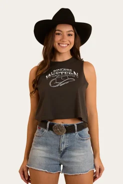 Chasing Cowboys Womens Crop Muscle Tank - Charcoal