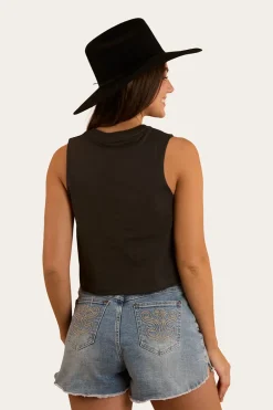 Chasing Cowboys Womens Crop Muscle Tank - Charcoal