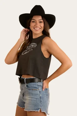 Chasing Cowboys Womens Crop Muscle Tank - Charcoal