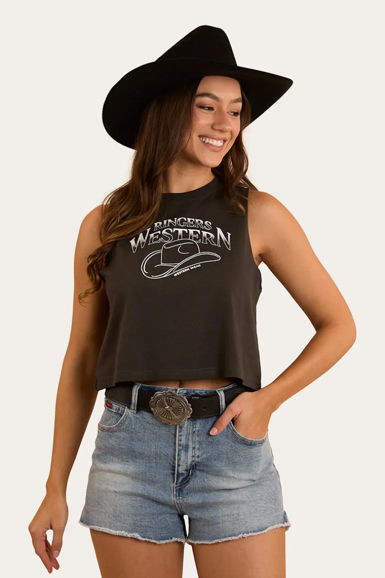 Chasing Cowboys Womens Crop Muscle Tank - Charcoal
