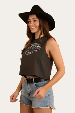 Chasing Cowboys Womens Crop Muscle Tank - Charcoal