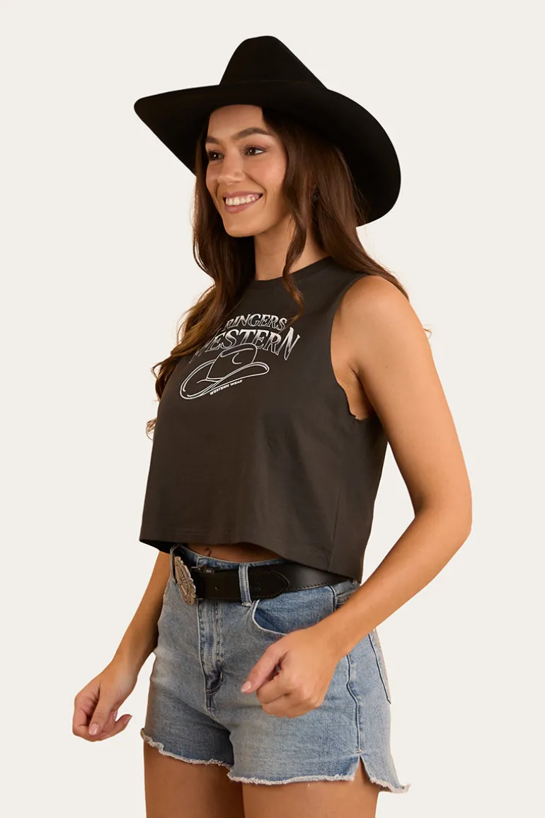 Chasing Cowboys Womens Crop Muscle Tank - Charcoal