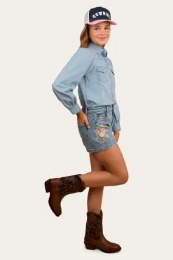 Dahlia Kids Denim Western Shirt - Light Blue