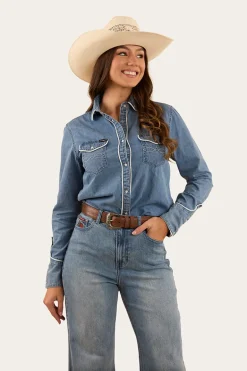 Eddie Womens Western Shirt - Light Wash Blue