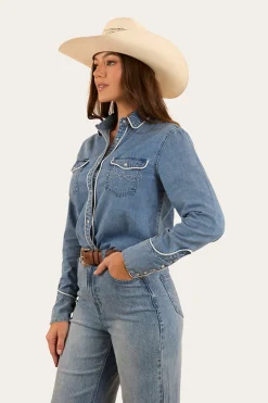 Eddie Womens Western Shirt - Light Wash Blue