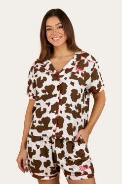 Evadale Womens Short Pyjama Set - White / Chocolate