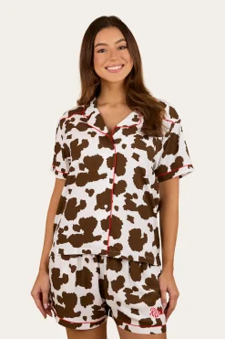Evadale Womens Short Pyjama Set - White / Chocolate