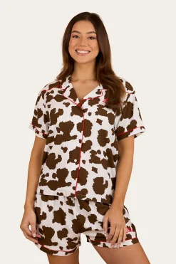 Evadale Womens Short Pyjama Set - White / Chocolate