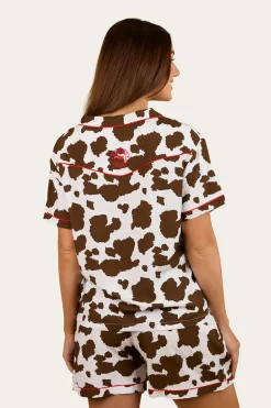 Evadale Womens Short Pyjama Set - White / Chocolate