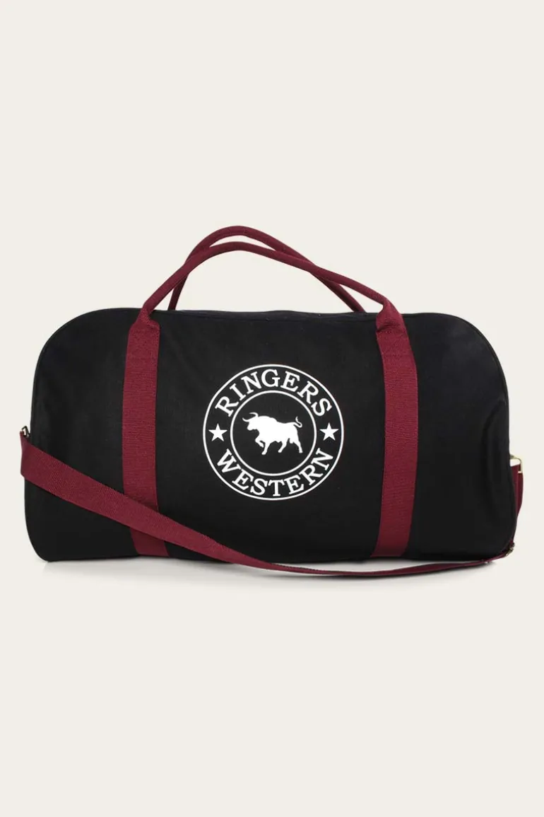 Gundagai Duffle Bag - Black & Maroon with White Print