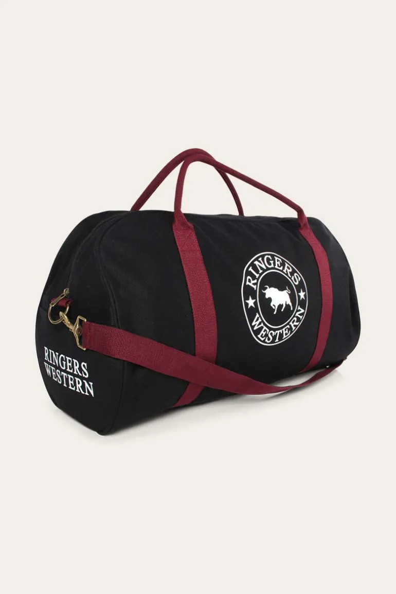 Gundagai Duffle Bag - Black & Maroon with White Print
