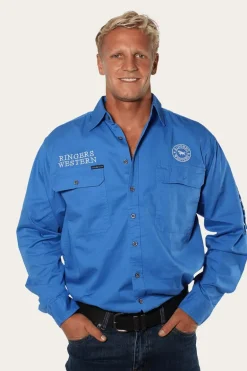 Hawkeye Mens Full Button Work Shirt - Blue/White