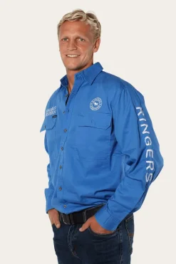 Hawkeye Mens Full Button Work Shirt - Blue/White