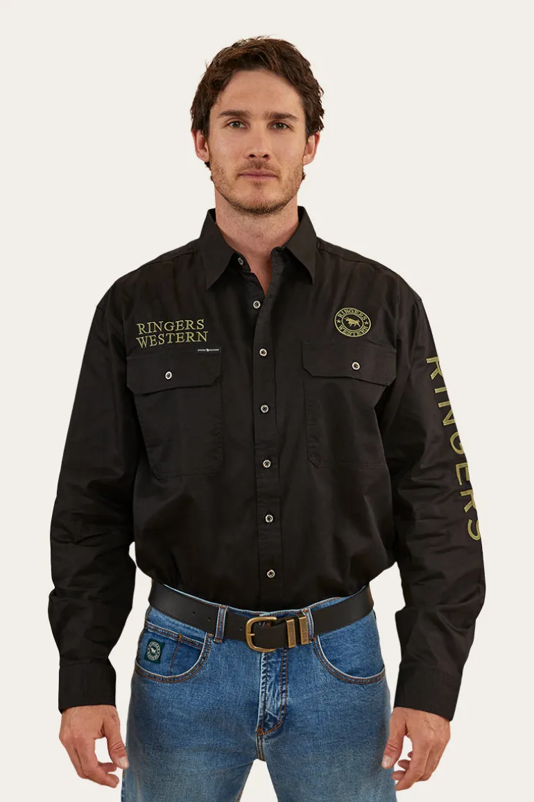 Hawkeye Mens Full Button Work Shirt - Black/Camo
