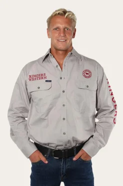 Hawkeye Mens Full Button Work Shirt - Beige/Red