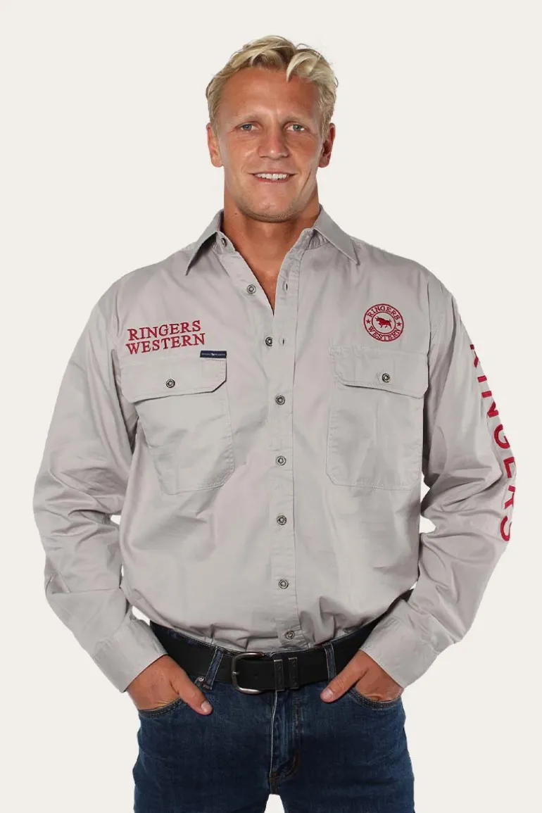 Hawkeye Mens Full Button Work Shirt - Beige/Red