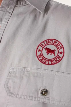 Hawkeye Mens Full Button Work Shirt - Beige/Red