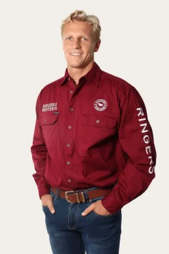 Hawkeye Mens Full Button Work Shirt - Burgundy/White