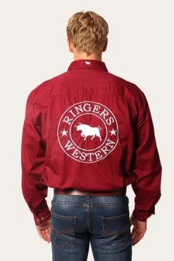 Hawkeye Mens Full Button Work Shirt - Burgundy/White