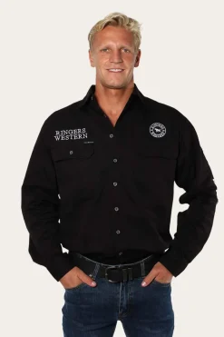 Hawkeye Mens Full Button Work Shirt - Black/White