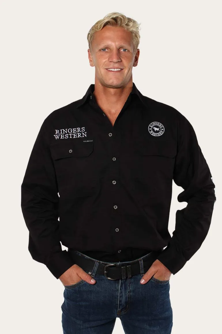 Hawkeye Mens Full Button Work Shirt - Black/White