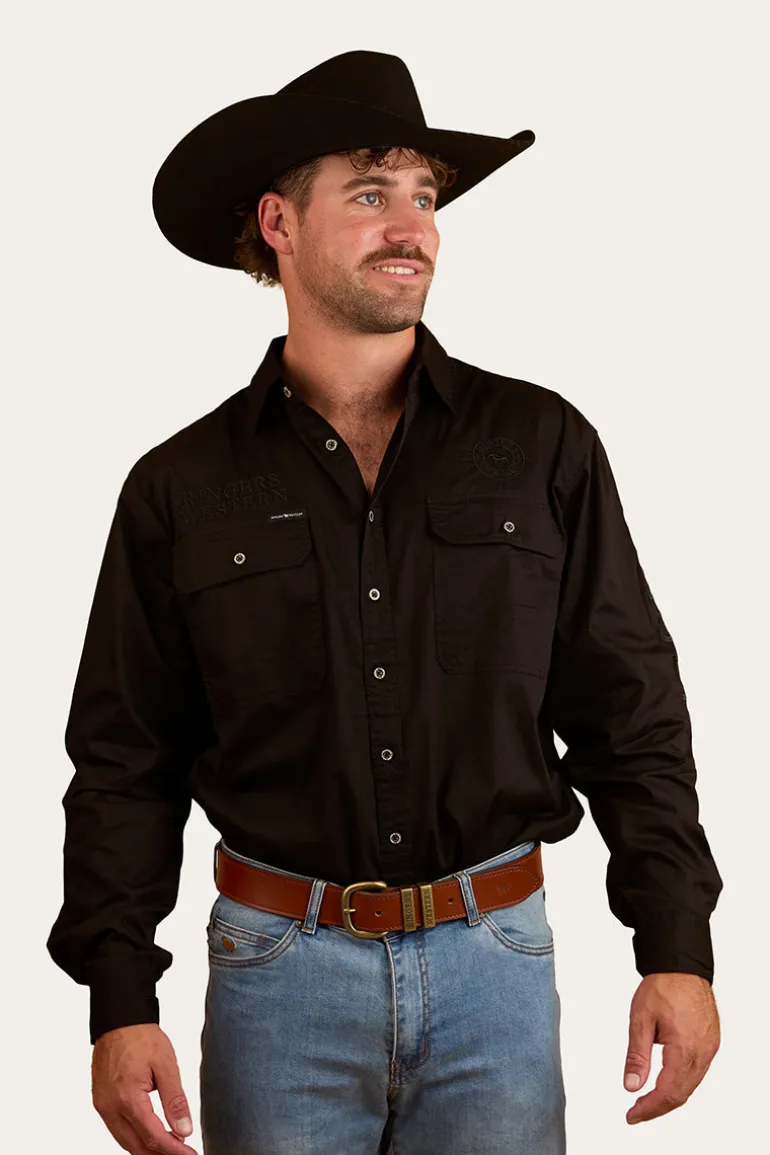 Hawkeye Mens Full Button Work Shirt - Black/Black