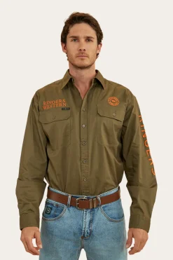 Hawkeye Mens Full Button Work Shirt - Military Green/Orange