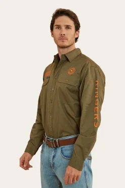 Hawkeye Mens Full Button Work Shirt - Military Green/Orange