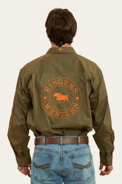 Hawkeye Mens Full Button Work Shirt - Military Green/Orange