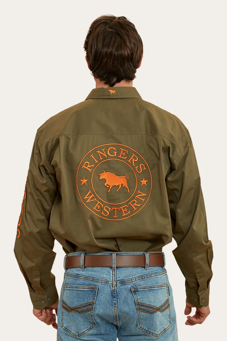 Hawkeye Mens Full Button Work Shirt - Military Green/Orange
