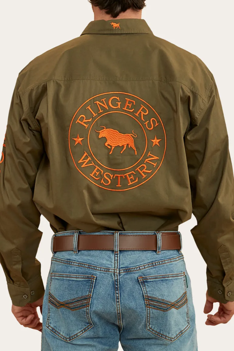 Hawkeye Mens Full Button Work Shirt - Military Green/Orange