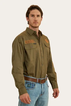 Hawkeye Mens Full Button Work Shirt - Military Green/Orange