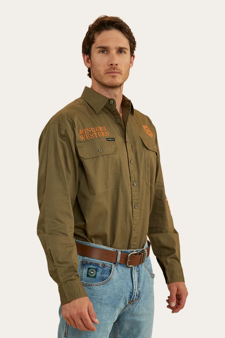 Hawkeye Mens Full Button Work Shirt - Military Green/Orange