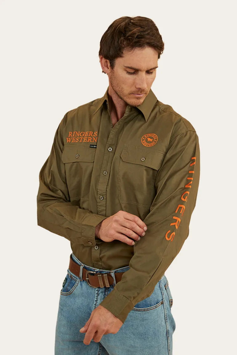 Hawkeye Mens Full Button Work Shirt - Military Green/Orange