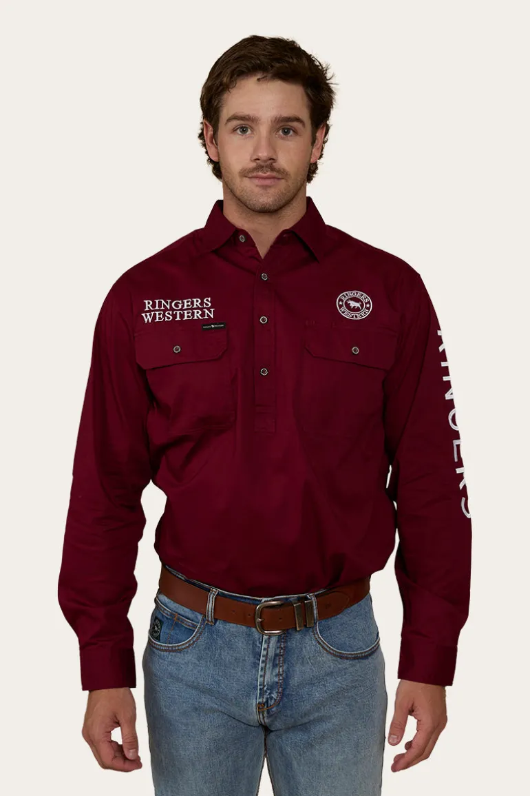 Hawkeye Mens Half Button Work Shirt - Burgundy