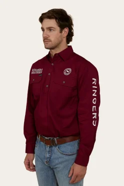 Hawkeye Mens Half Button Work Shirt - Burgundy
