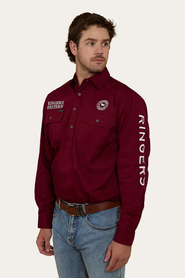 Hawkeye Mens Half Button Work Shirt - Burgundy