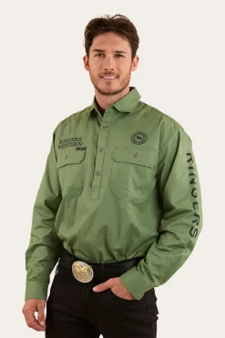 Hawkeye Mens Half Button Work Shirt - Cactus / Charcoal