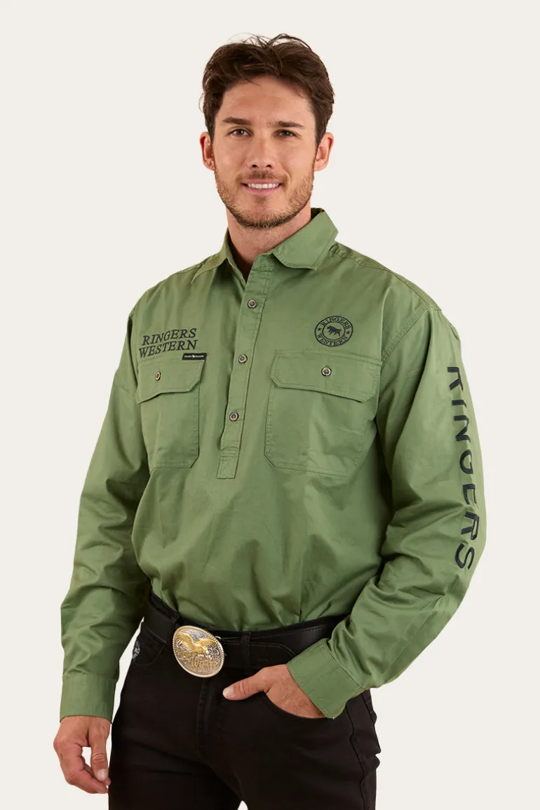 Hawkeye Mens Half Button Work Shirt - Cactus / Charcoal