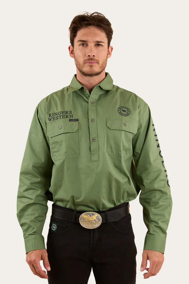 Hawkeye Mens Half Button Work Shirt - Cactus / Charcoal