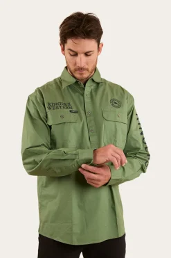 Hawkeye Mens Half Button Work Shirt - Cactus / Charcoal