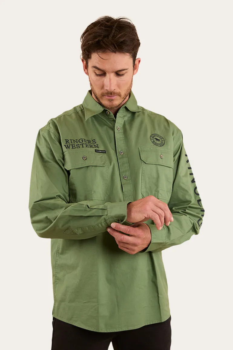Hawkeye Mens Half Button Work Shirt - Cactus / Charcoal
