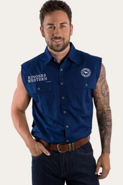 Hawkeye Mens Sleeveless Work Shirt - Navy/White