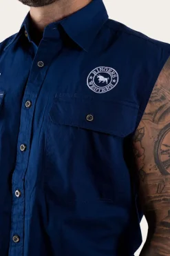 Hawkeye Mens Sleeveless Work Shirt - Navy/White