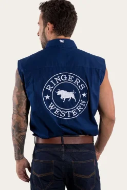 Hawkeye Mens Sleeveless Work Shirt - Navy/White