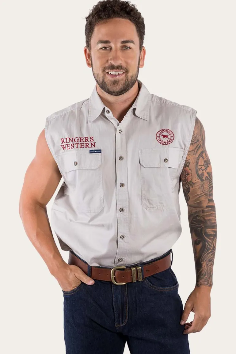 Hawkeye Mens Sleeveless Work Shirt - Beige/Dark Red