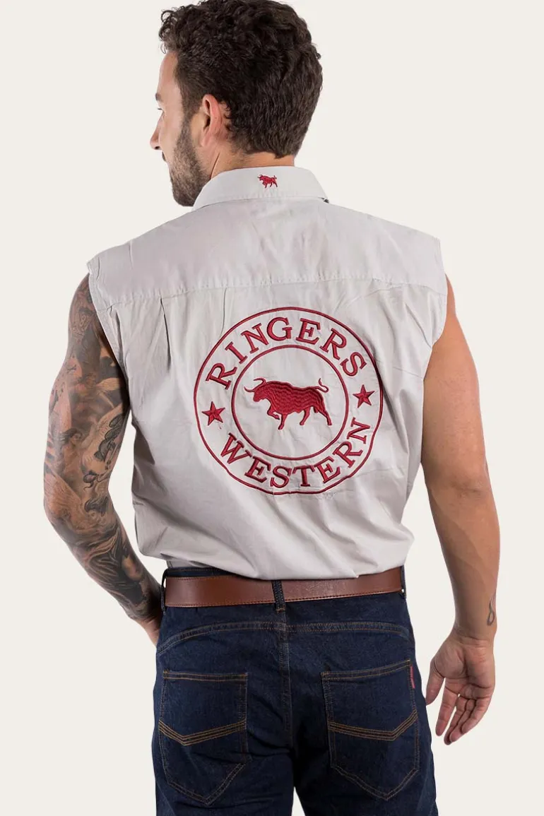 Hawkeye Mens Sleeveless Work Shirt - Beige/Dark Red